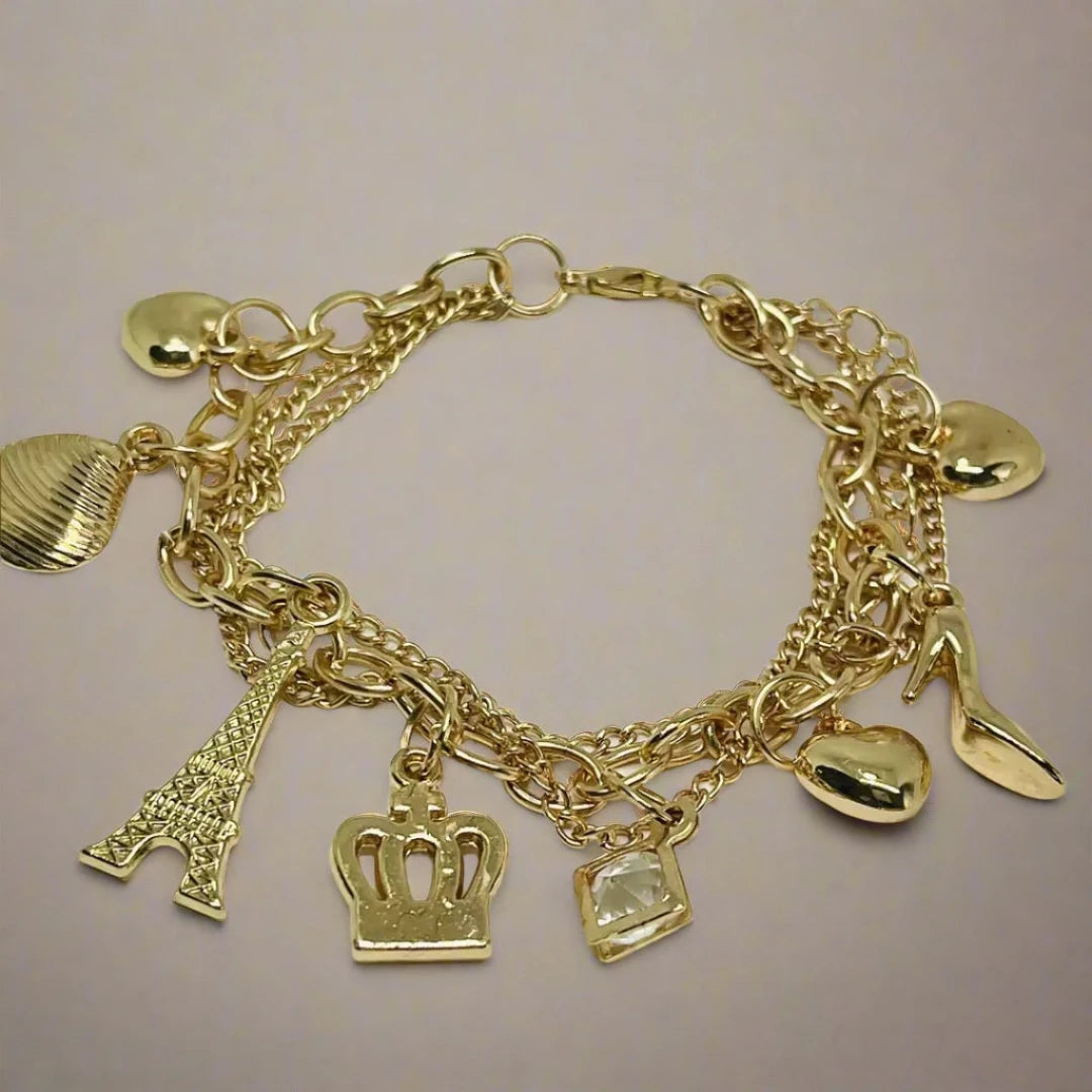 women men’s bracelets -Boho chic Crown & Shell Heart Charm, 10k gold plated Bracelet