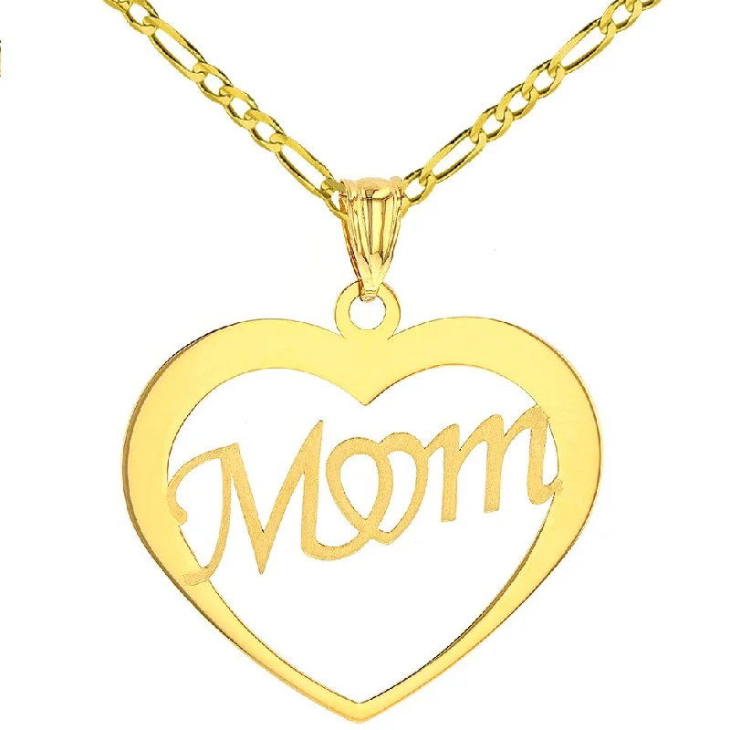 women silver chain necklaces -14K Solid Yellow Gold Simple Heart with Mom Pendant Figaro Chain Necklace