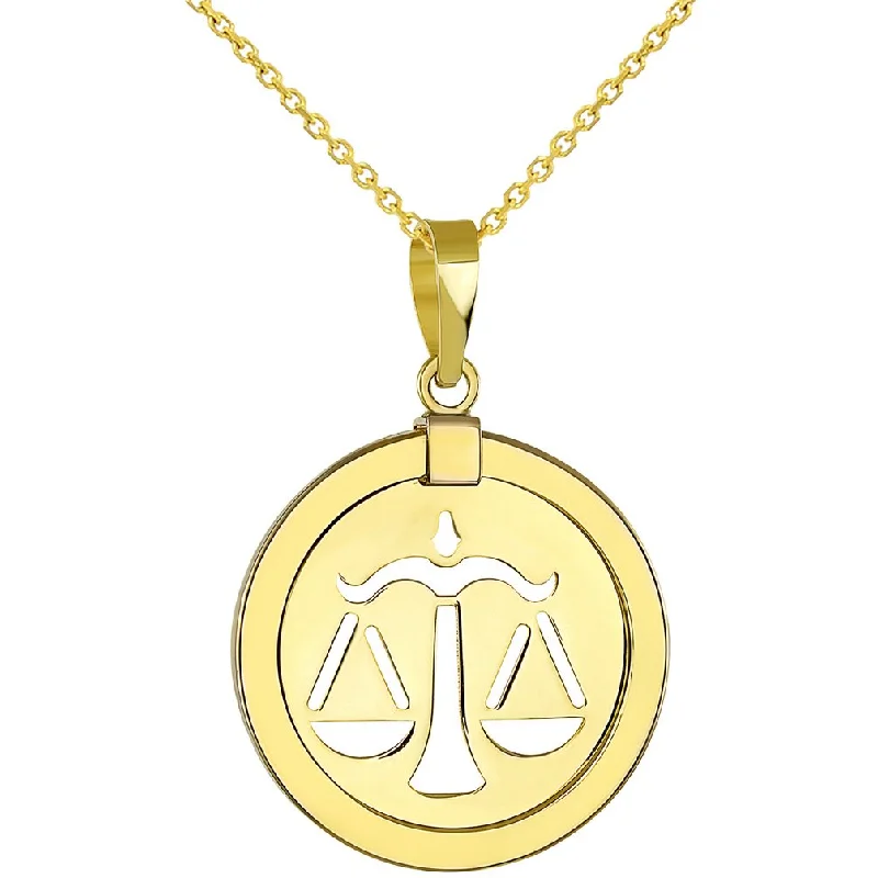 women engagement necklaces -14K Gold Reversible Round Libra Scale Zodiac Sign Pendant Necklace - Yellow Gold