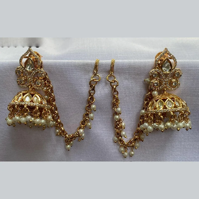 women simple earrings -Amoliya Jewels Gold Plated Polki Kundan And Pearls Jhumki Earrings With Kanchain