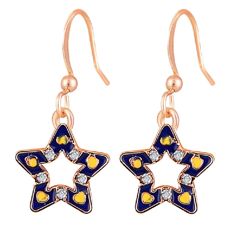 women vintage earrings -Mahi Rose Gold Plated Navy Blue & Yellow Meenakari Work and Crystals Star Earrings for Women (ER1109847ZNBlu)