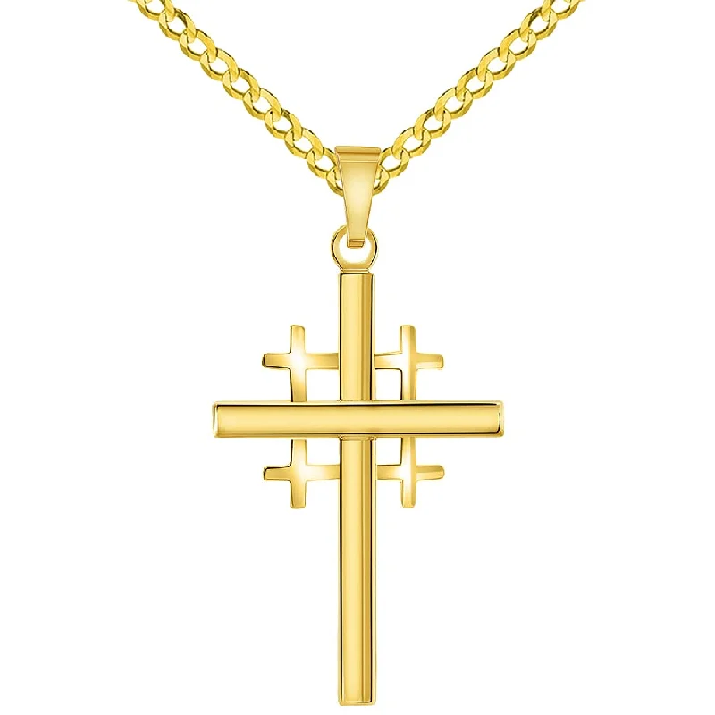 women rose gold necklaces -14k Yellow Gold Religious Crusaders Jerusalem Latin Plain Cross Pendant with Cuban Chain Curb Necklace