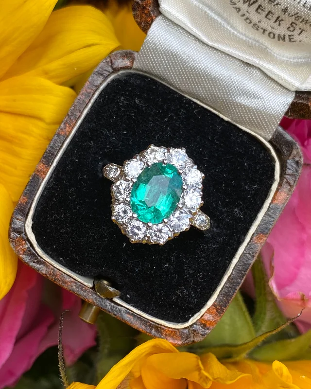 women bold statement rings -Victorian Emerald and Diamond Platinum Cluster Ring 1.35ct + 1.50ct