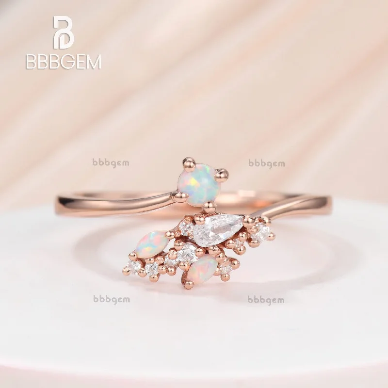 women ruby and diamond engagement rings -Fashion Dainty Multi-shaped Opal Moissanite Cluster Bypass Ring 14K Rose Gold With Diamond Accents