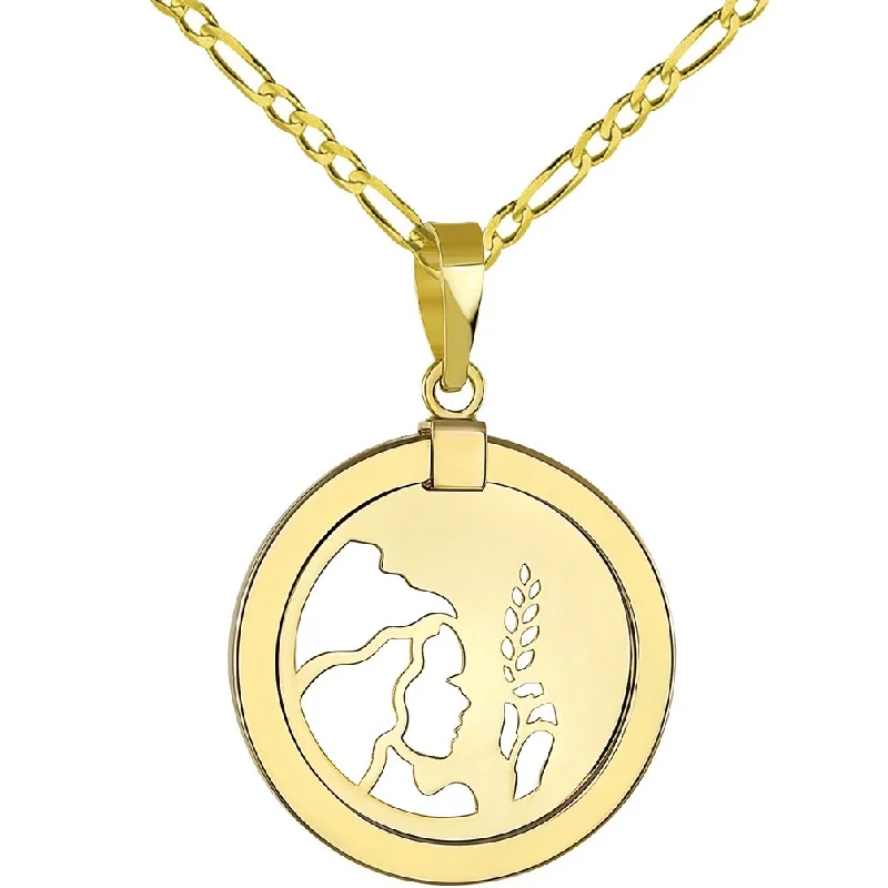 women vintage charm necklaces -14K Gold Reversible Round Virgo Zodiac Sign Pendant with Figaro Chain Necklace - Yellow Gold