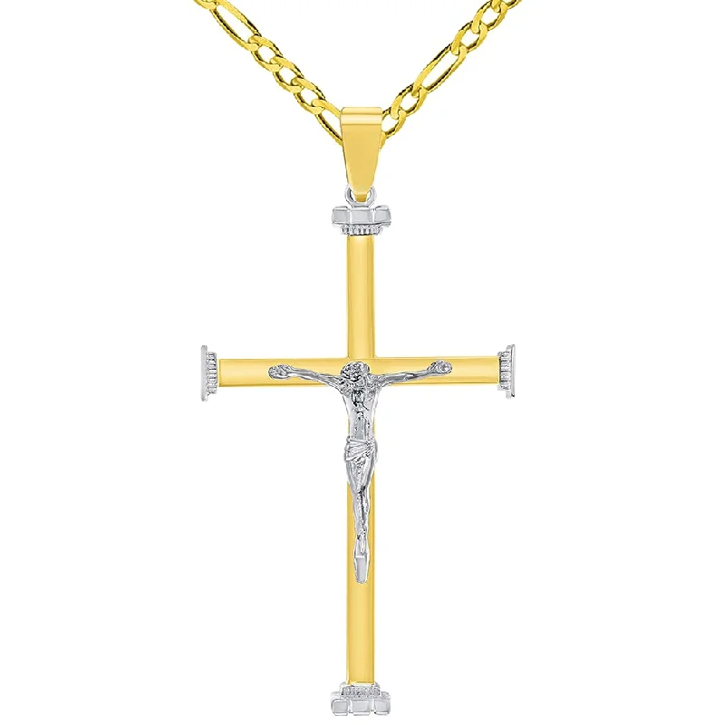 women geometric necklaces -14k Solid Two-Tone Gold 3D Catholic Christian Crucifix Cross Pendant with Figaro Chain Necklace