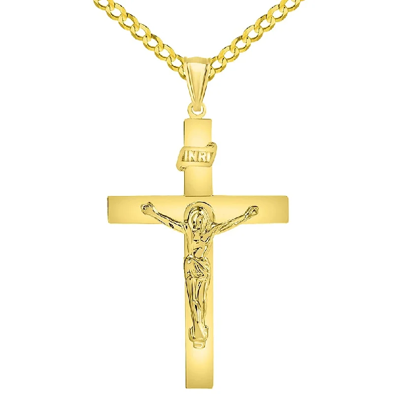 women pearl necklaces -14k Yellow Gold 4mm Thick INRI Tubular Cross Roman Catholic Crucifix Pendant with Cuban Chain Curb Necklace