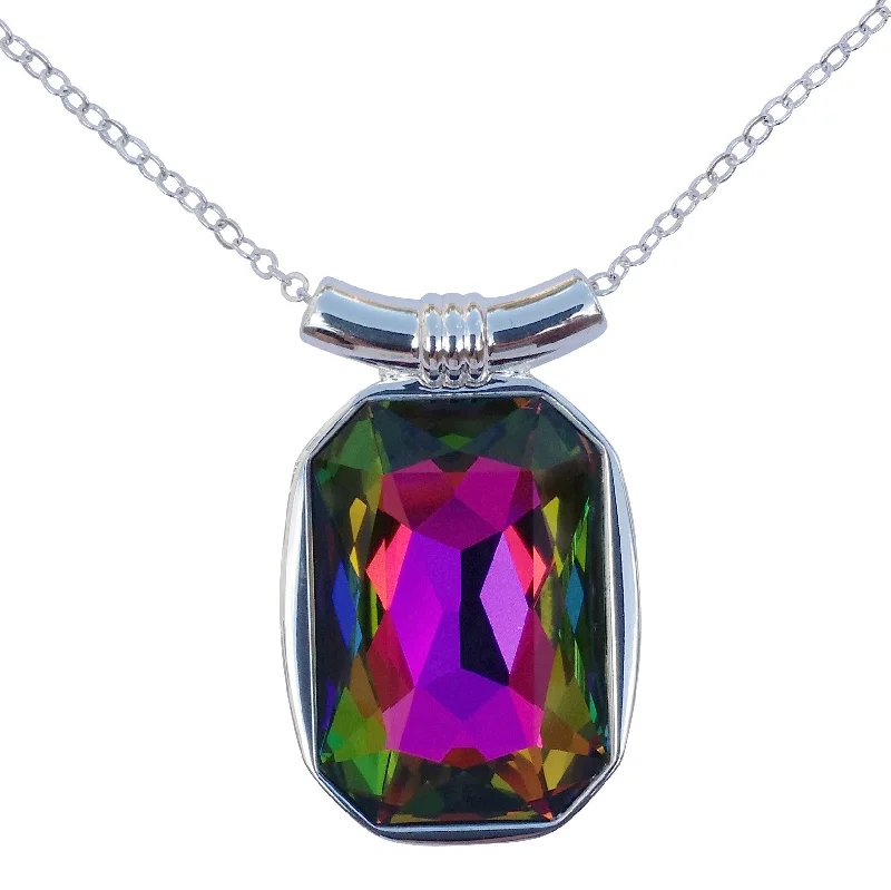 women gold plated necklaces -Rainbow Swarovski Crystal Square/Emerald Cut Pendant on 18" 2mm Silver-Plated Necklace