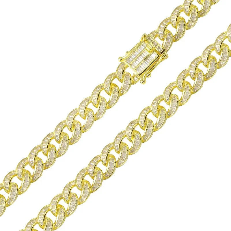 women engraved cuff bracelets -Gold Plated 925 Sterling Silver Baguette CZ Encrusted Curb Chain or Bracelet 10.9mm - CHCZ116 GP