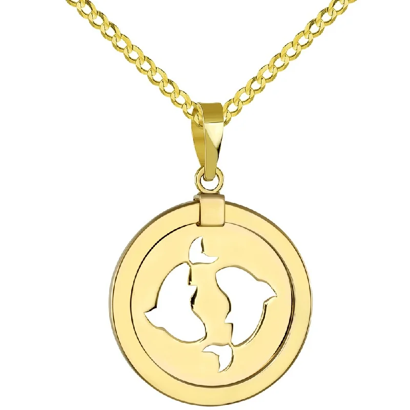 women diamond necklaces -14K Gold Reversible Round Pisces Zodiac Sign Pendant with Cuban Chain Necklace - Yellow Gold