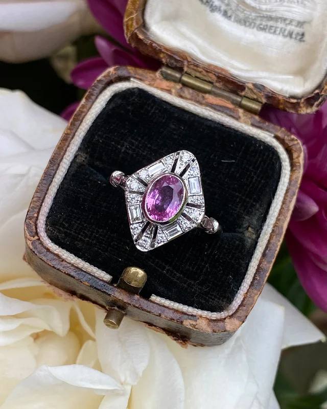 women yellow gold rings -Art Deco Pink Sapphire and Diamond Platinum Ring 0.30ct + 1.0ct