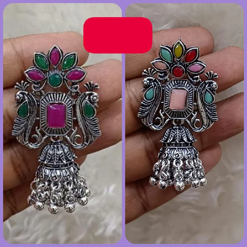 women drop diamond earrings -Abhinandan Oxodised Plated Pota Stone And Ghungroo Jhumki Earrings (Assorted Color)