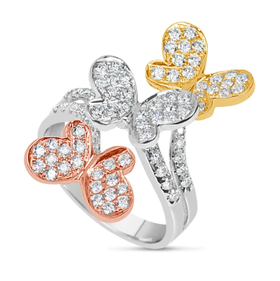 women men’s wedding rings -18kt Tri Color Diamond Butterfly Ring (.90 ctw)