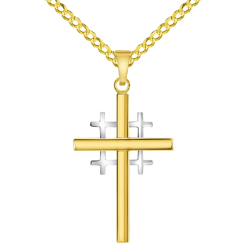 women heart necklaces -14k Two-Tone Gold Religious Crusaders Jerusalem Latin Plain Cross Pendant with Cuban Chain Curb Necklace