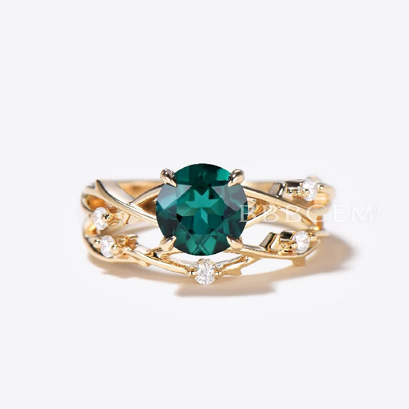 women men’s solitaire engagement rings -14k Gold Green Emerald Engagement Ring Set Vine Branch Diamond Ring