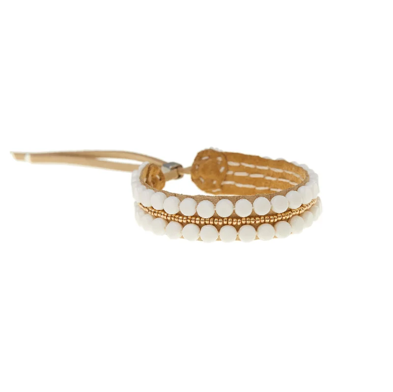 women chunky gold bracelets -Adjustable Leather Bracelet - WHITE/GOLD