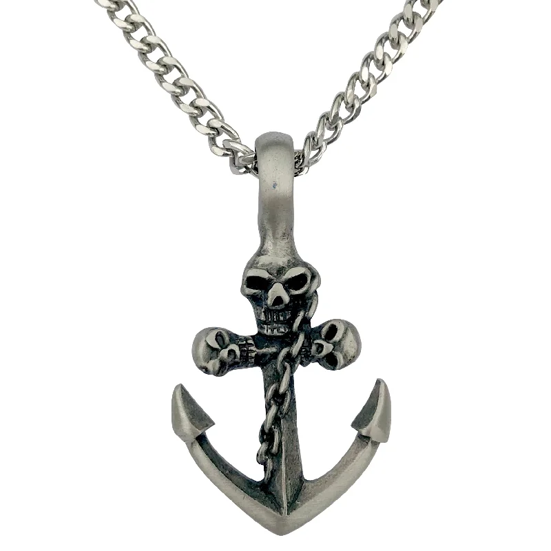 women heart-shaped necklaces -Pewter Anchor with Gothic Skulls Pendant with Extra Large Bail, on Men's Heavy Curb Chain Necklace, 24"