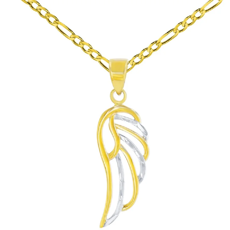 women statement gold necklaces -Solid 14k Gold Textured Angel Wing Charm Pendant Figaro Chain Necklace - Yellow Gold