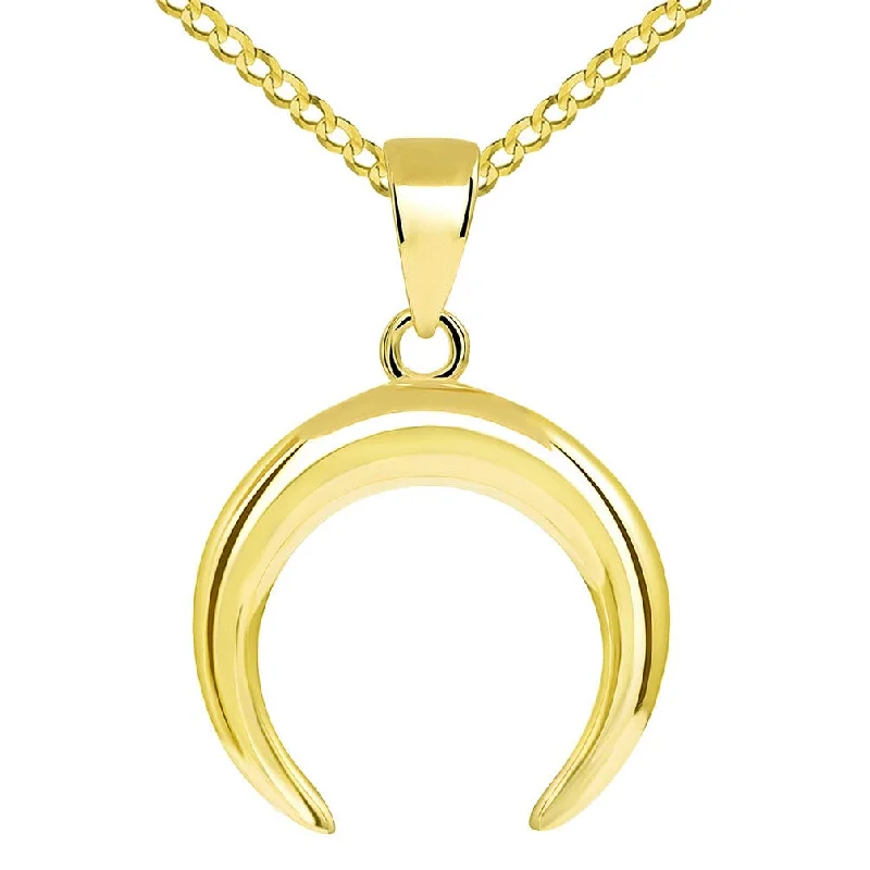 women unique charm necklaces -14k Gold Double Horn High Polished Crescent Moon Pendant with Cuban Chain Necklace - Yellow Gold