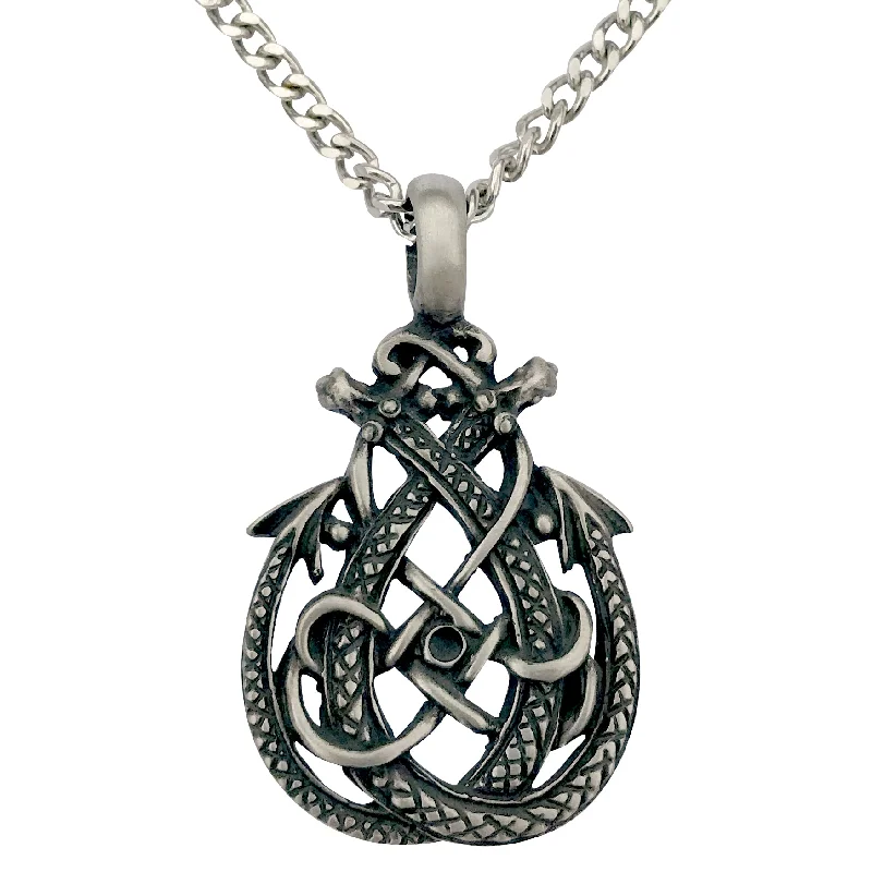 women trendy necklaces -Pewter Celtic Double Dragon Pendant with Extra Large Bail, on Men's Heavy Curb Chain Necklace, 24"