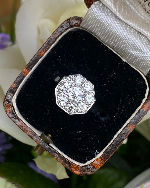 women anniversary rings -Art Deco Diamond Cluster Platinum Ring 1.15ct