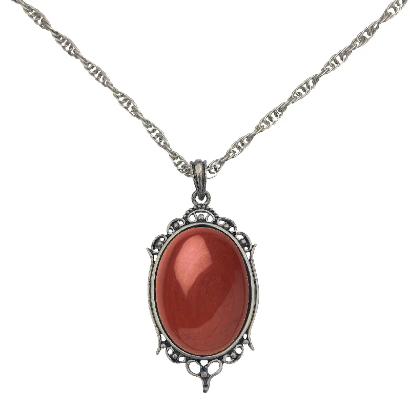 women chunky necklaces -Antique Silver Red Jasper Gemstone Cabochon Pendant on Fancy Rope Chain Necklace, 24"