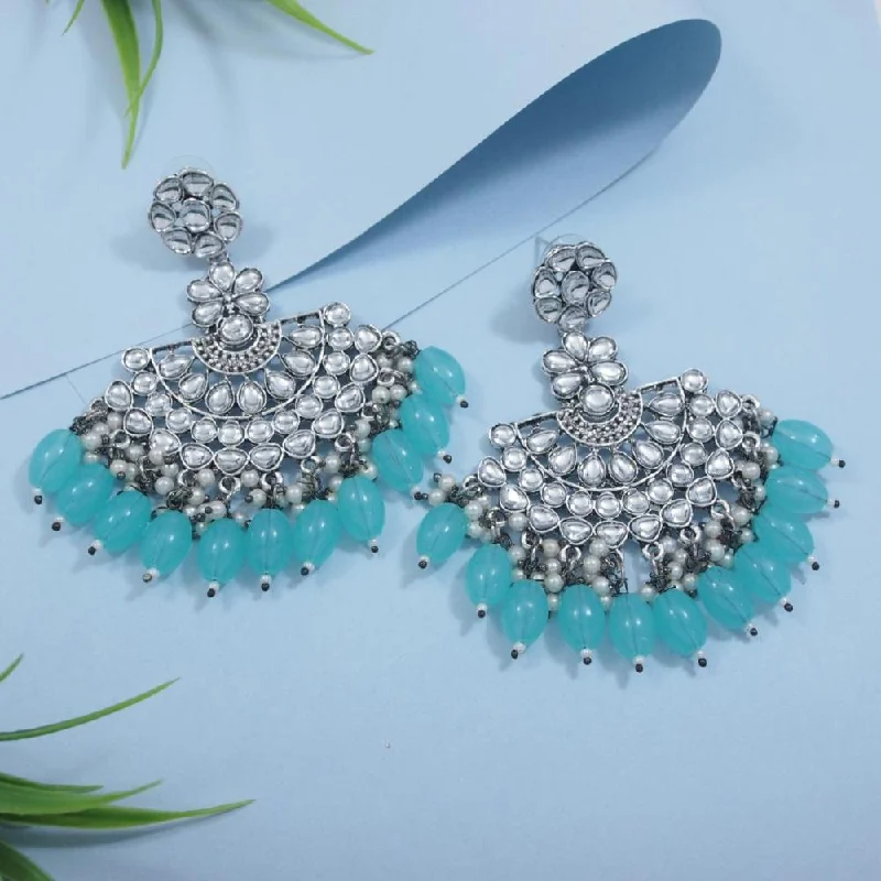 women ear thread earrings -Etnico Silver Oxidised Kundan & Pearl Chandbali Earrings For Women (E3106ZSb)