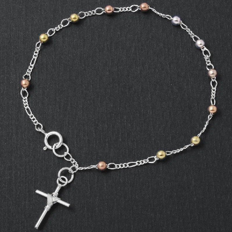 women charm bracelets -Silver 925 High Polished 3 Toned Beads with Tied Up Cross Rosary Bracelet - RSB07TR-3MM