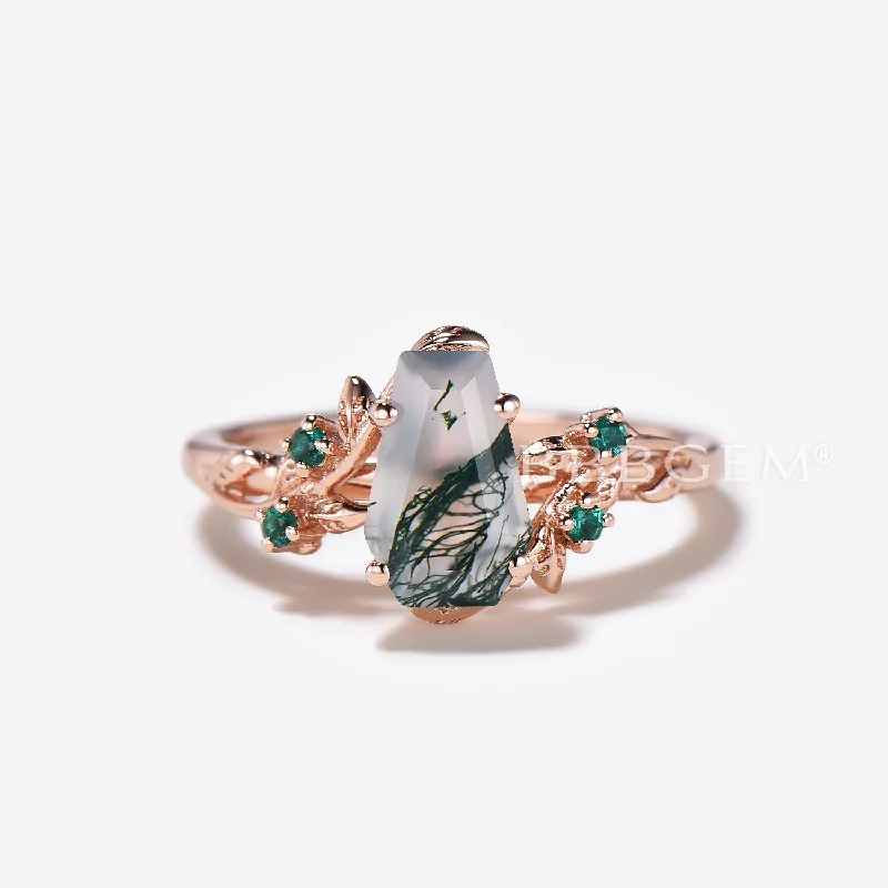 women engagement rings with side stones -Twig Leaf Coffin Cut Moss Agate Engagement Ring Branch Wedding Ring