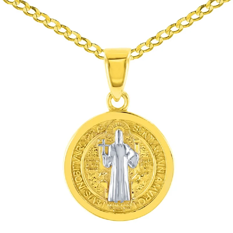 women luxury silver necklaces -14K Solid Yellow Gold Polished St Benedict Medal Charm Saint Pendant Cuban Chain Necklace