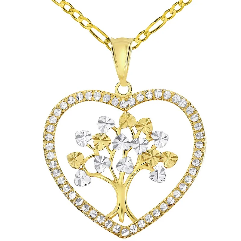 women artistic necklaces -14k Yellow Gold Textured Two Tone Tree of Life Inside Heart Pendant with Figaro Chain Necklace