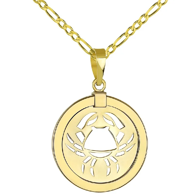 women designer necklaces -14K Yellow Gold Reversible Round Cancer Crab Zodiac Sign Pendant with Figaro Chain Necklace