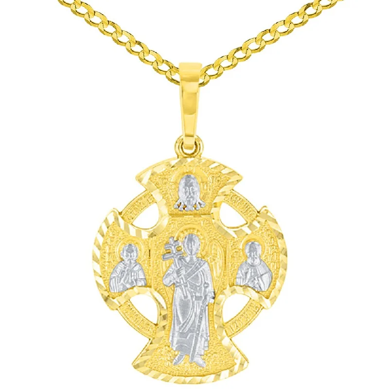 women flower necklaces -Handcrafted Solid 14K Yellow Gold Textured Celtic Cross Charm with Saints Pendant Cuban Chain Necklace