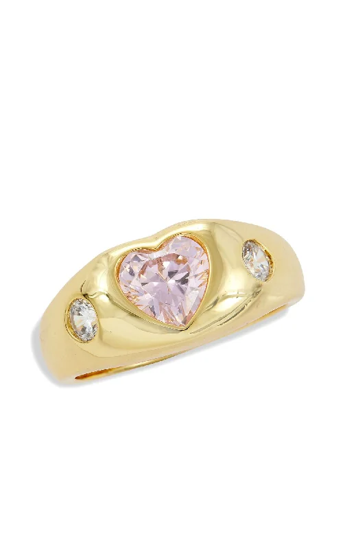 women cushion cut diamond engagement rings -18K GOLD PLATED BEZEL 3 STONES PINK HEART RING