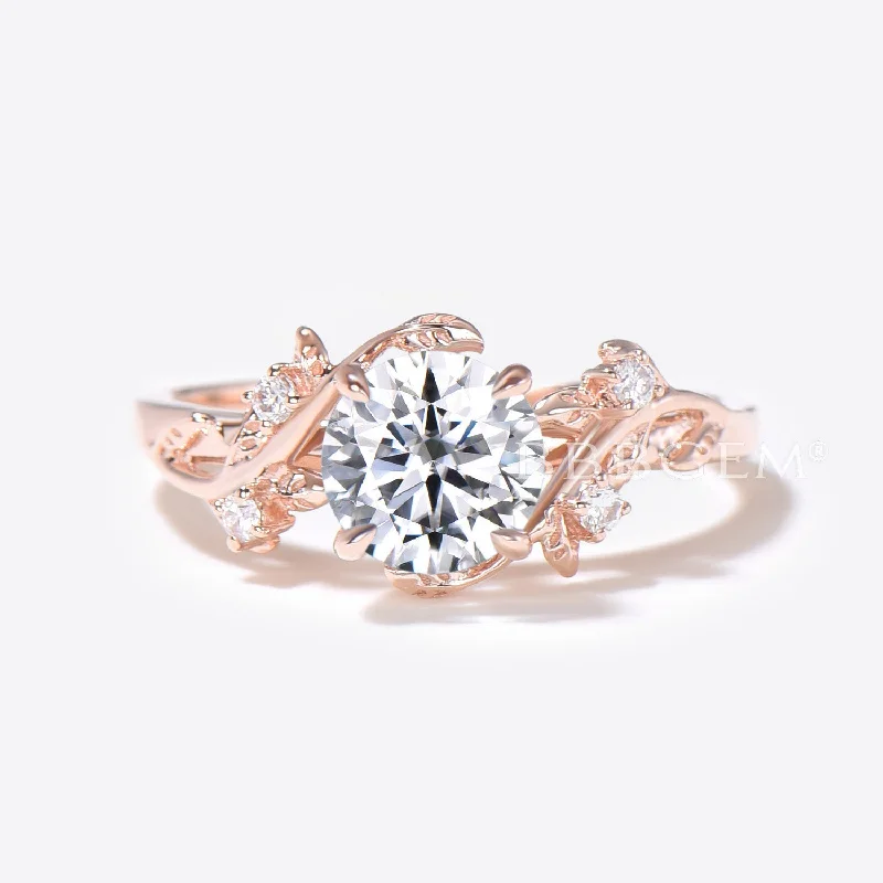 women round engagement rings -1ct Round Lab Grown Diamond Engagement Ring Rose Gold Leaf Vine Diamond Ring