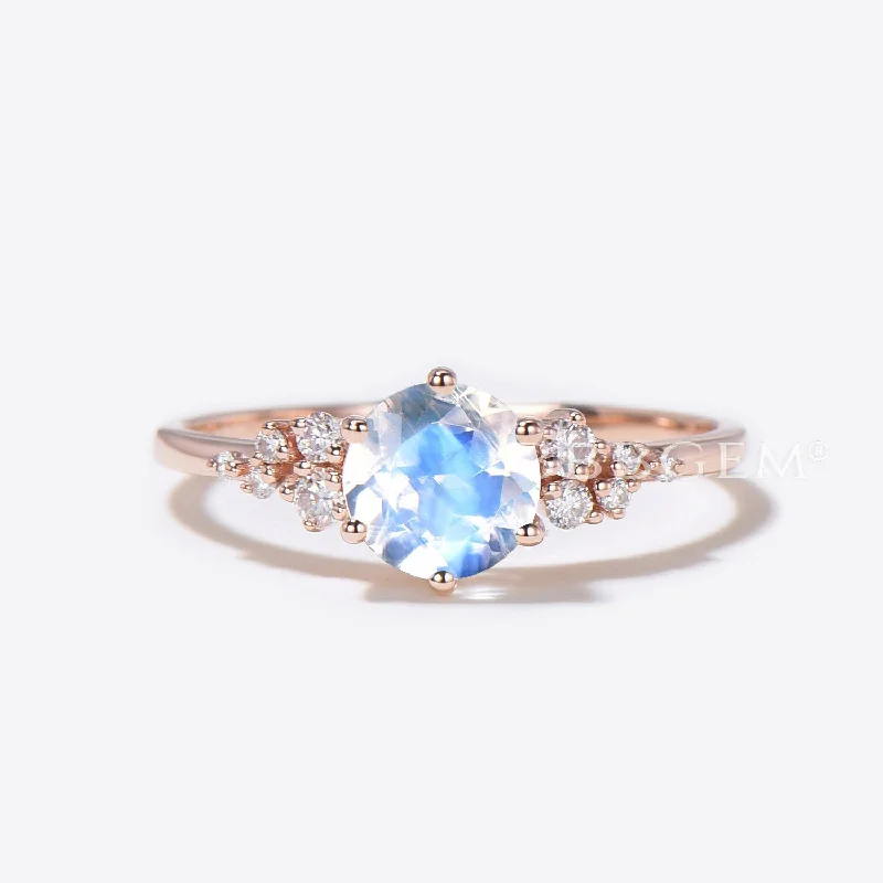 women yellow gold engagement rings -1ct Round Moonstone Engagement Ring Cluster Snowdrift Diamond Ring