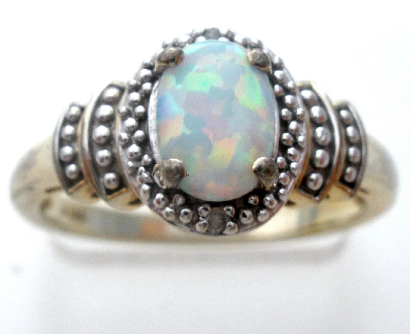 women solitaire rings -Opal & Diamond Sterling Silver Ring Size 7