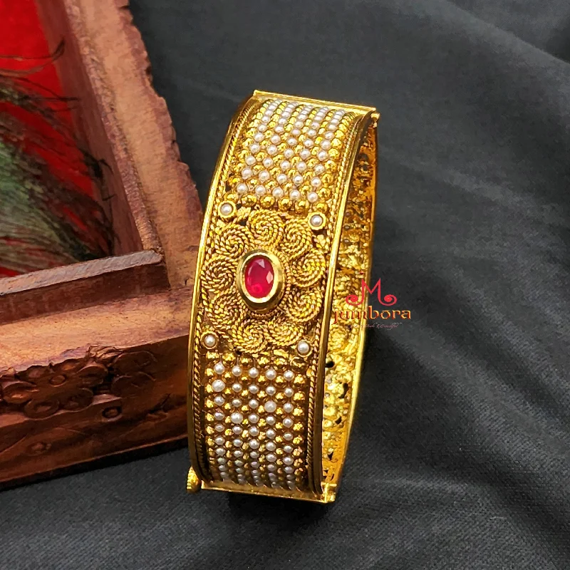 women bracelet bangles sets -Antique Gold Openable Pearl Kundan Bangle Bracelet