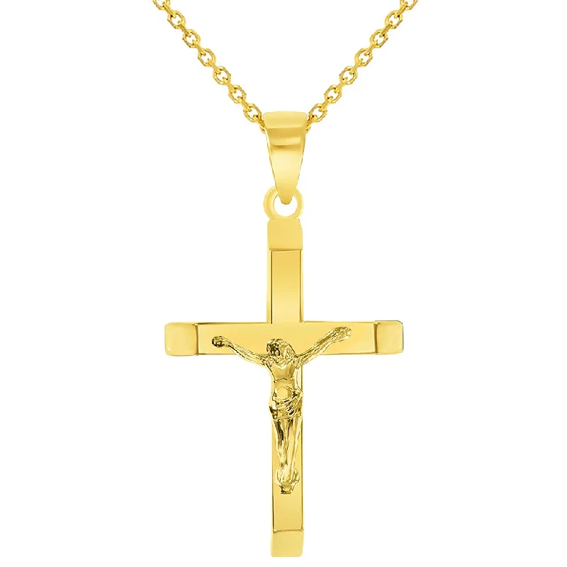 women celestial necklaces -14k Yellow Gold 3D Catholic Christian Crucifix Slanted-Edge Cross Pendant Necklace