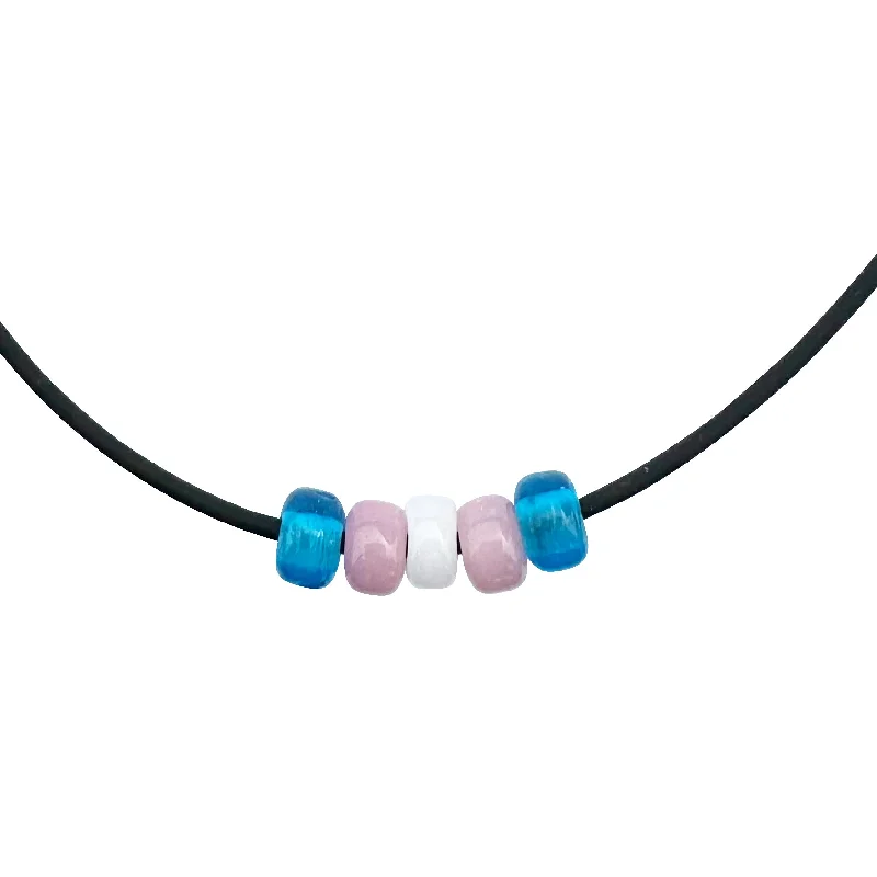 women custom necklaces -Transgender Pride/Trans Ally Necklace with Czech Glass Beads on Black Rubber Cord, 18 inches