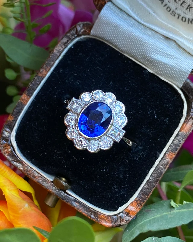 women engagement rings -Victorian Sapphire and Old Cut Diamond Cluster Platinum Ring 0.55ct + 1.70ct