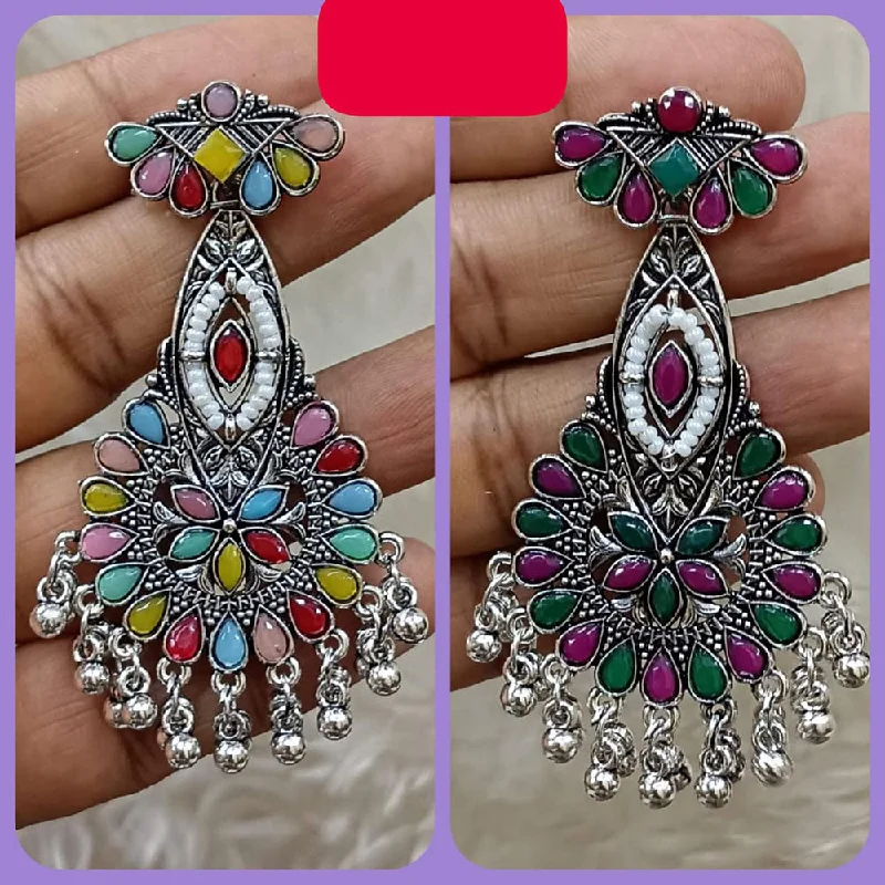 women multi-stone earrings -Abhinandan Oxodised Plated Pota Stone And Ghungroo Dangler Earrings (Assorted Color)