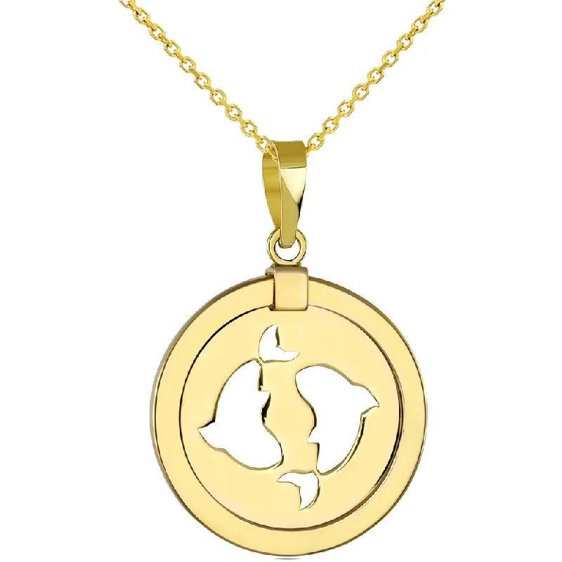 women fancy necklaces -14K Gold Reversible Round Pisces Zodiac Sign Pendant Necklace - Yellow Gold