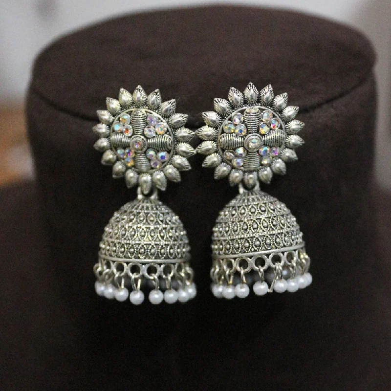 women gemstone hoop earrings -H K Fashion Oxidised Plated Austrian Stone And Pearls Jhumki Earrings