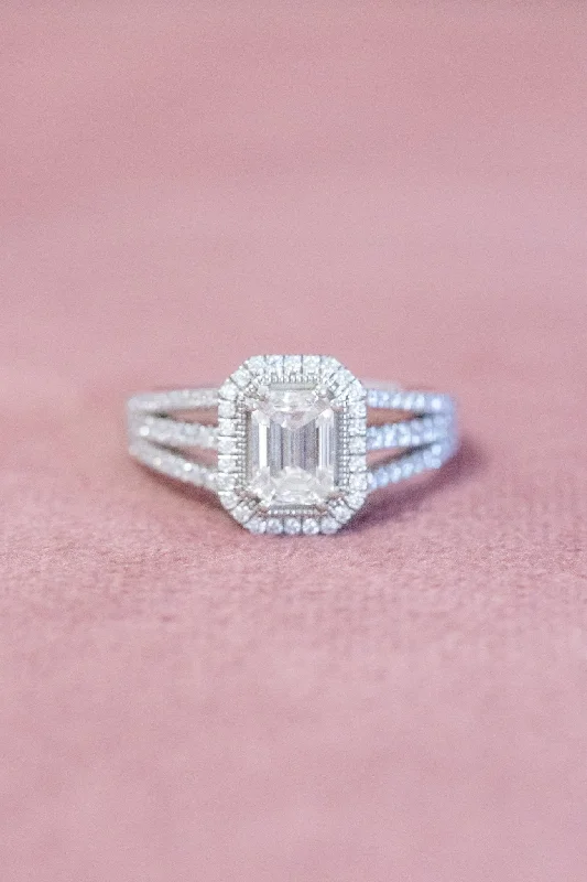 women platinum rings -The Emerald Cut Double Halo Moissanite Engagement Ring