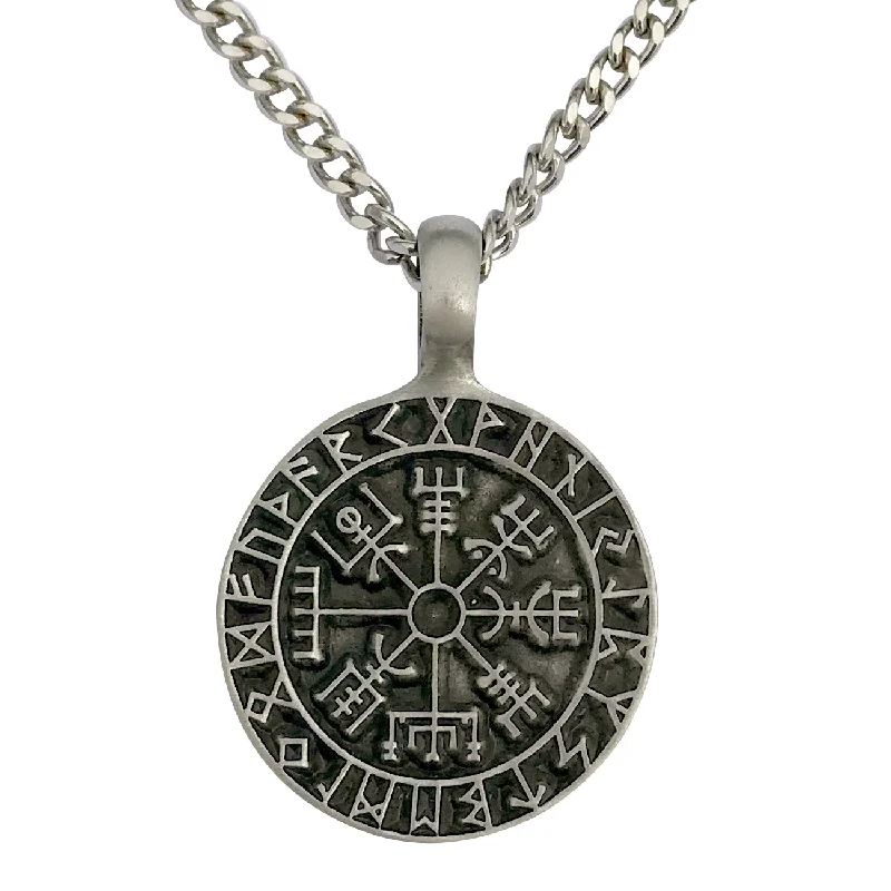 women wedding day necklaces -Pewter Gothic Viking Compass Rune Pendant with Extra Large Bail, on Men's Heavy Curb Chain Necklace, 24"