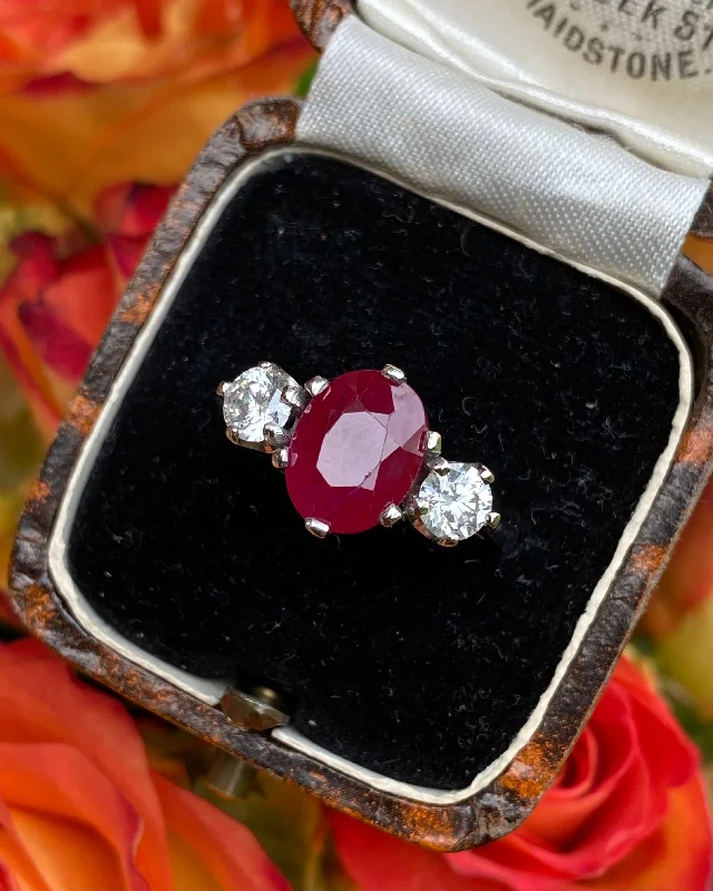 women two-tone rings -Ruby and Diamond Three Stone Platinum Ring 0.62ct + 2.10ct