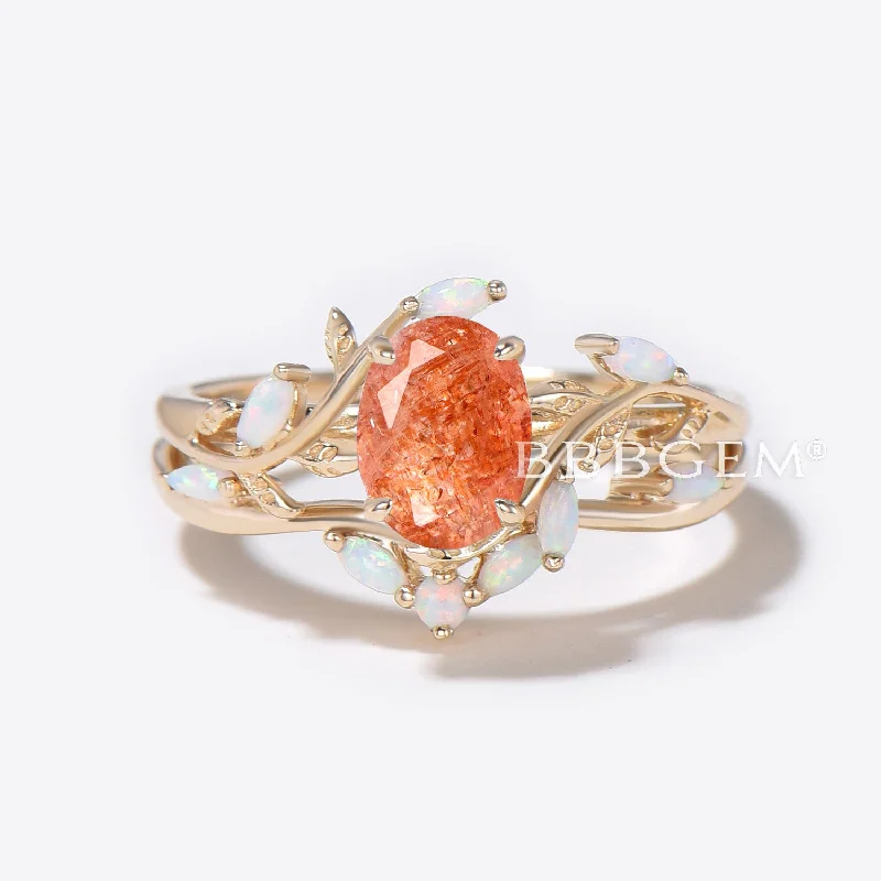 women modern luxury engagement rings -1.5ct Oval Sunstone Engagement Ring Gold Leaf Vine Opal Wedding Ring