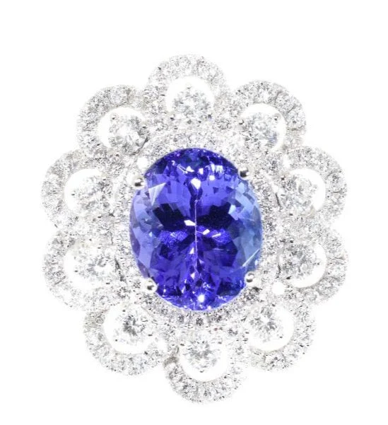 women cushion diamond rings -18kt White Gold Tanzanite & Diamond Statement Ring