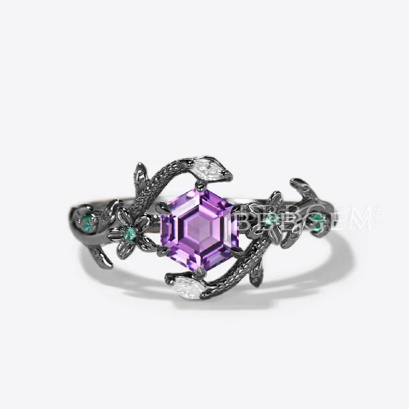 women antique engagement rings -Gold Snake Engagement Ring Floral Amethyst Ring Diamond Serpent Ring